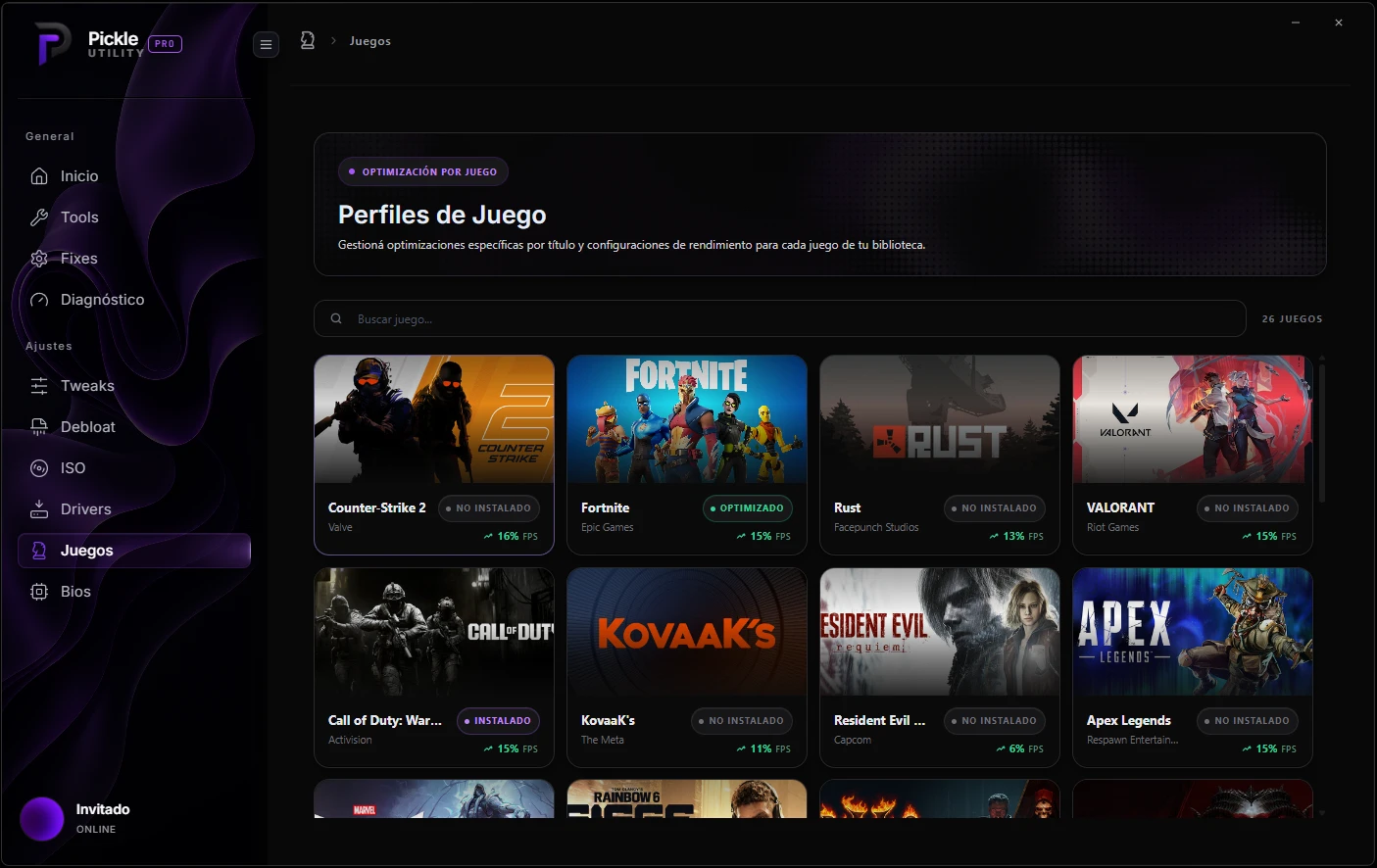 Pickle Utility: perfiles de juego con estado instalado y optimizado